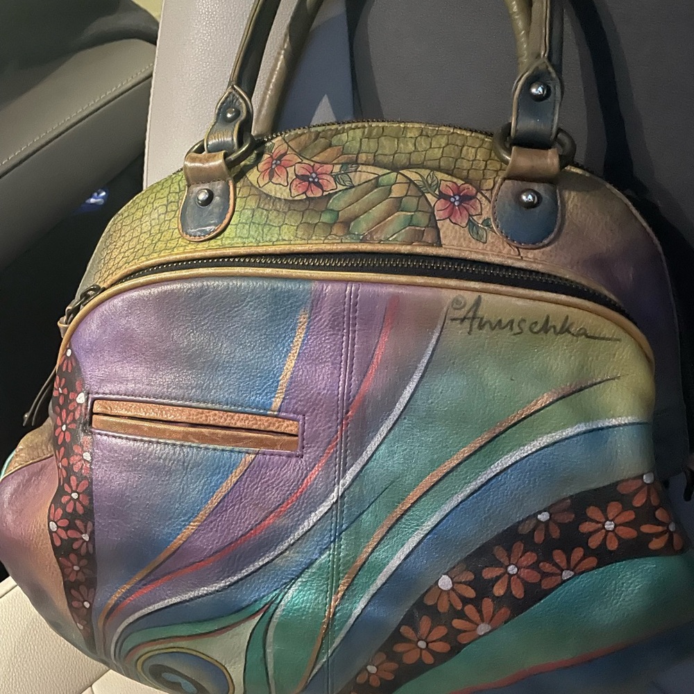 Anuschka Green and Purple Shoulder Bag with Unique Design